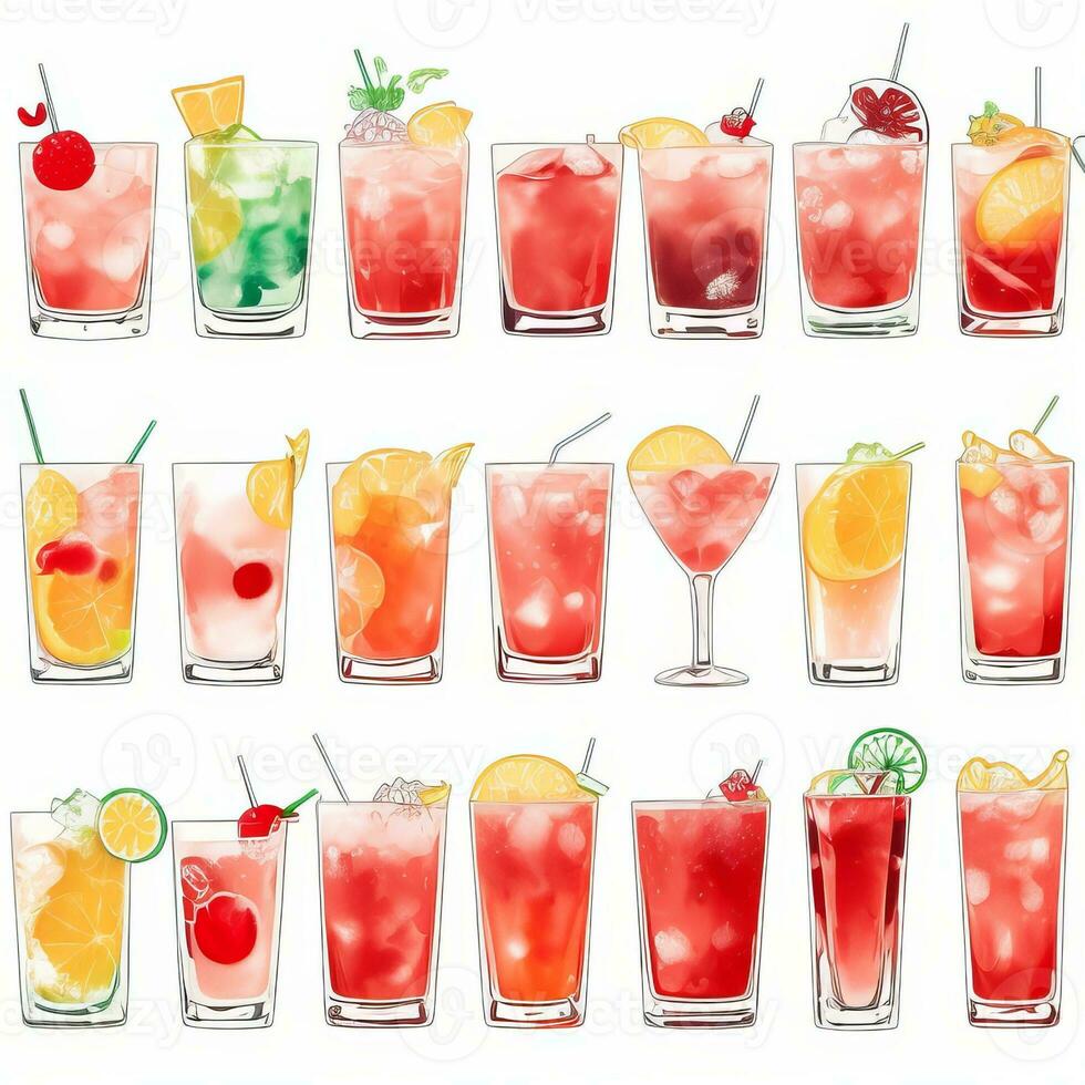 AI generated Cocktail Mocktail Drinks Collection Illustration Water Color Simple Background photo