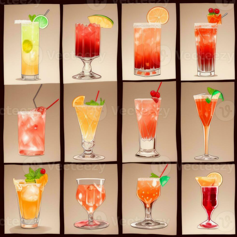 AI generated Cocktail Mocktail Drinks Collection Illustration Water Color Simple Background photo