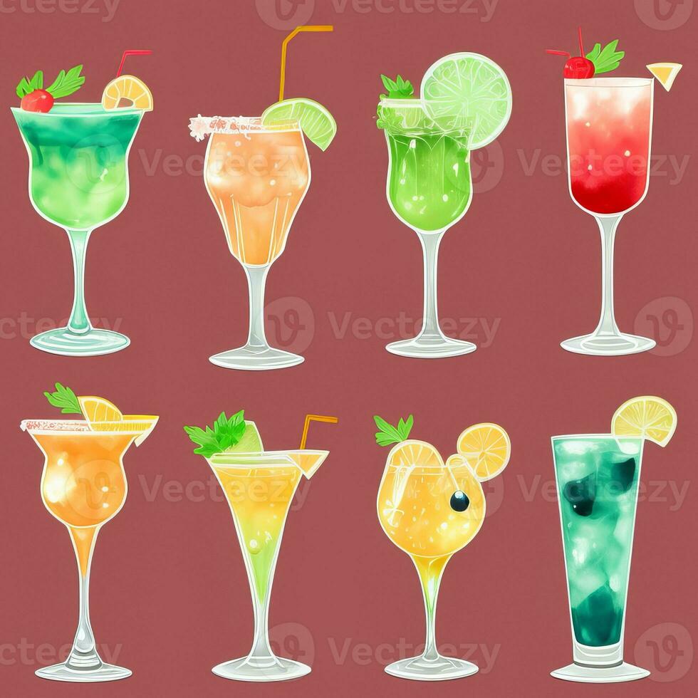 AI generated Cocktail Mocktail Drinks Collection Illustration Water Color Simple Background photo