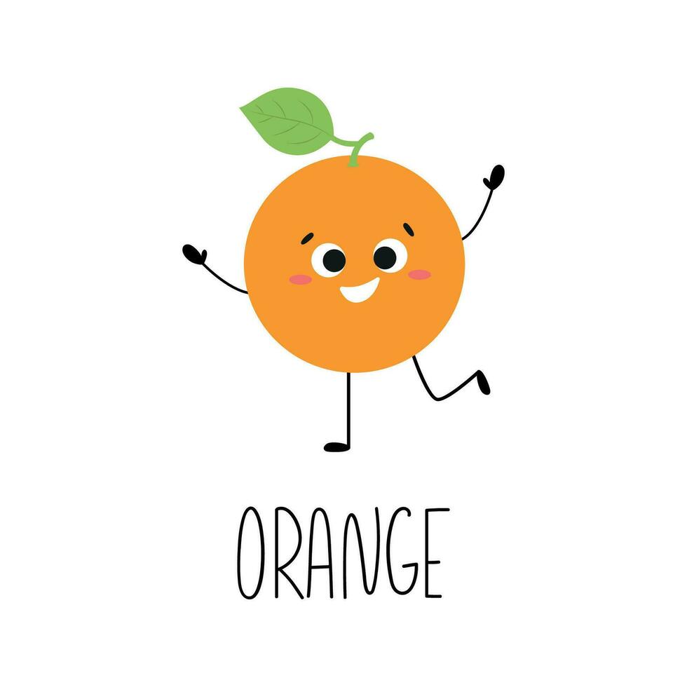 linda saltando mano dibujado naranja personaje. aprendizaje Fruta tarjeta de memoria flash con eso nombre para niños. vector