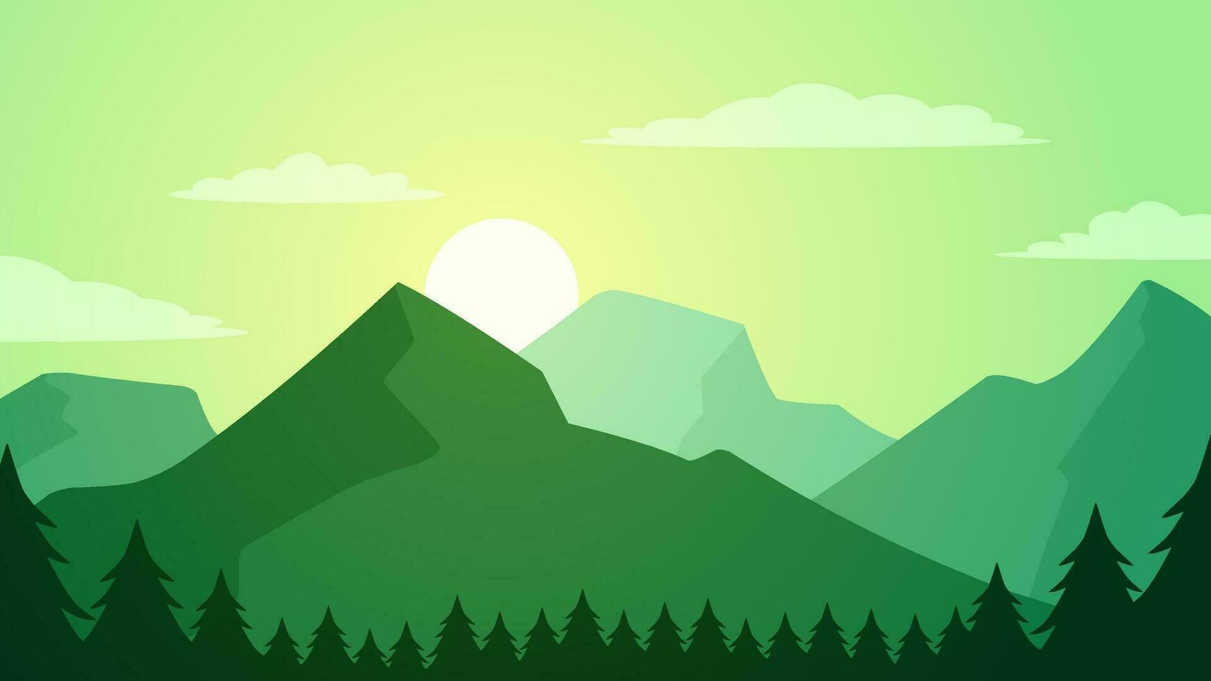 Green mountain landscape vector illustration. Scenery of mountain range with cloudy sky in the morning. Mountain landscape for background, wallpaper or illustration