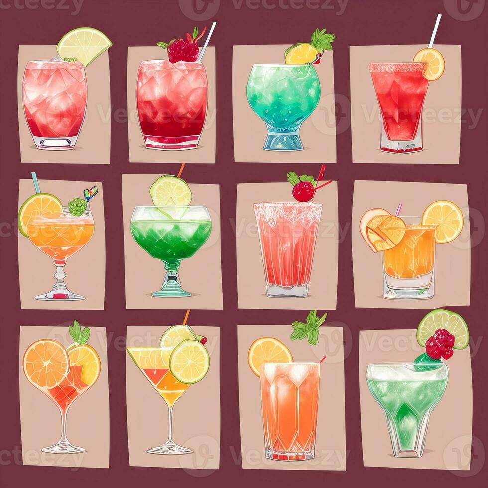 AI generated Cocktail Mocktail Drinks Collection Illustration Water Color Simple Background photo