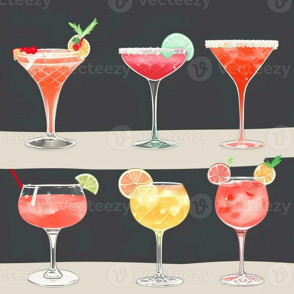 AI generated Cocktail Mocktail Drinks Collection Illustration Water Color Simple Background photo