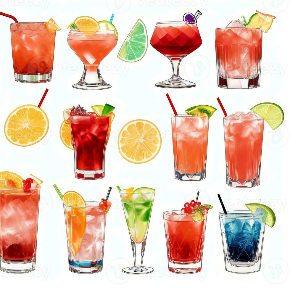 AI generated Cocktail Mocktail Drinks Collection Illustration Water Color Simple Background photo