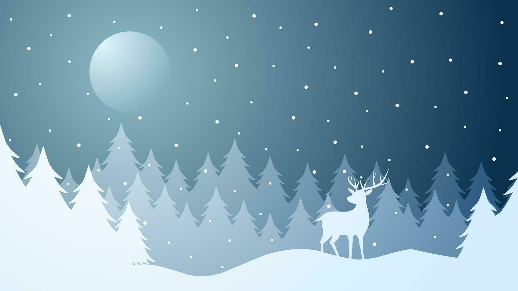 Winter landscape vector illustration. Winter silhouette with deer and pine forest at the snow hill. Cold season landscape for illustration, background or wallpaper