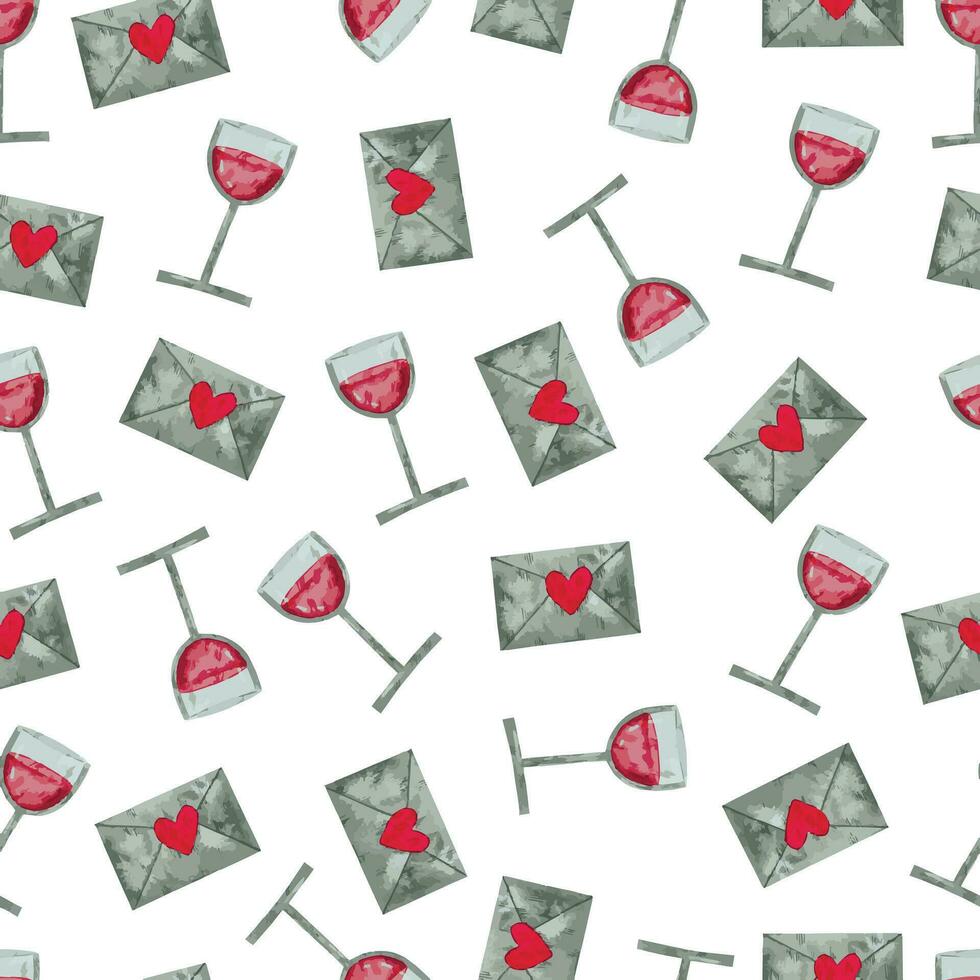 watercolor seamless pattern for valentine's day with wine glasses and love letters vector