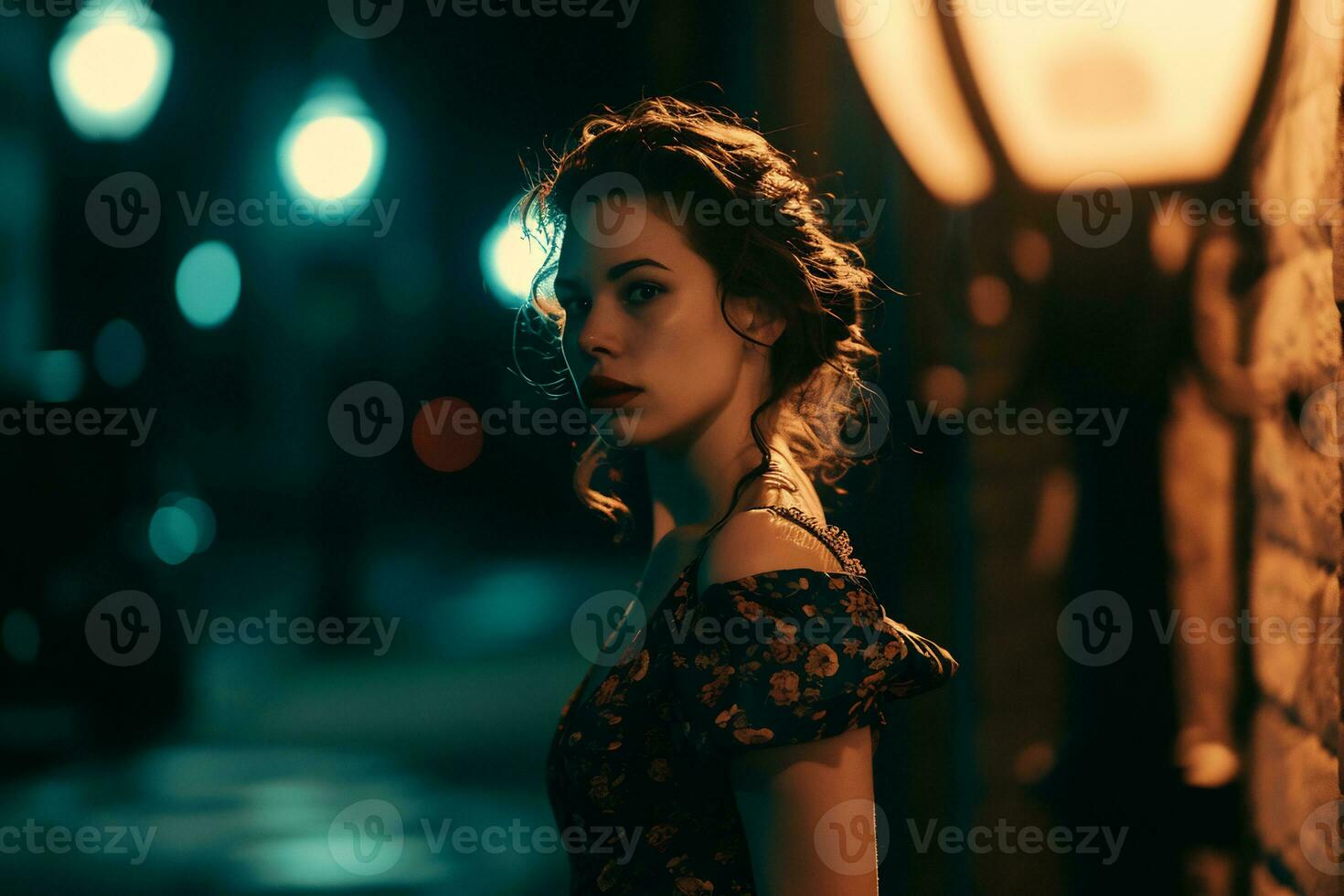 AI generated woman in a vintage dress standing in the soft glow of a streetlamp at night photo