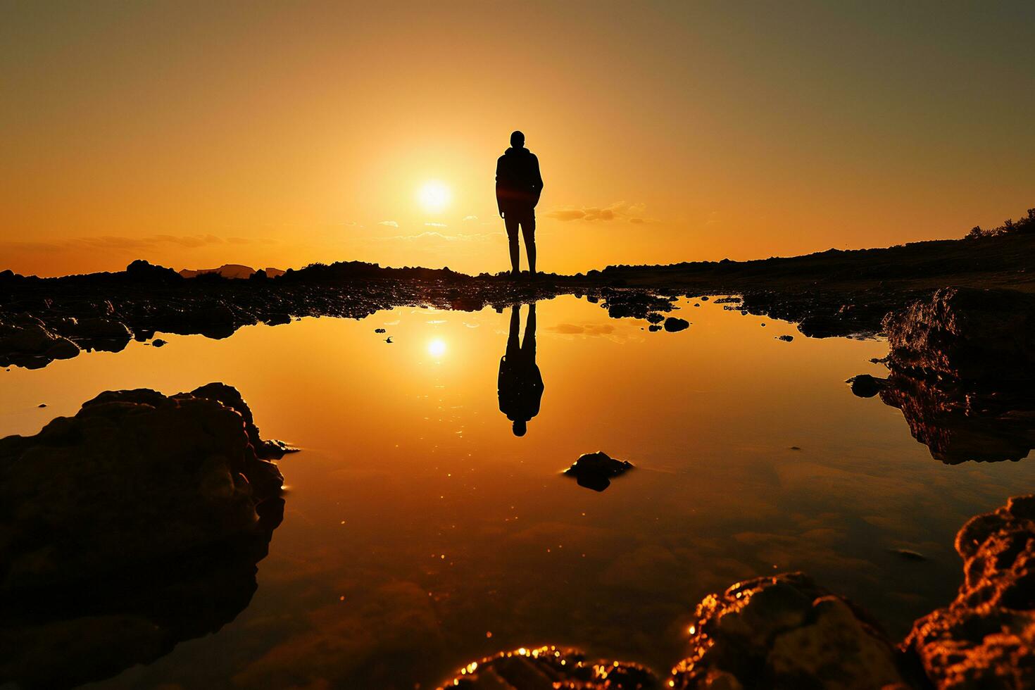 ai generado un reflexivo fotografía a amanecer capturar silueta en contra un dorado cielo foto