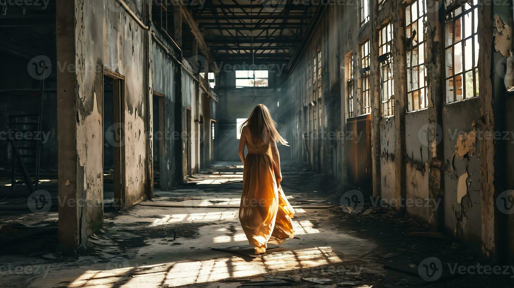 AI generated shot of a woman walking through an abandoned industrial space photo
