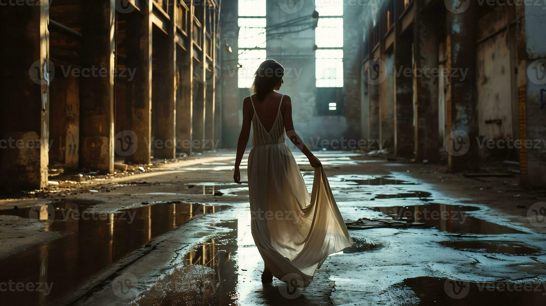 AI generated shot of a woman walking through an abandoned industrial space photo