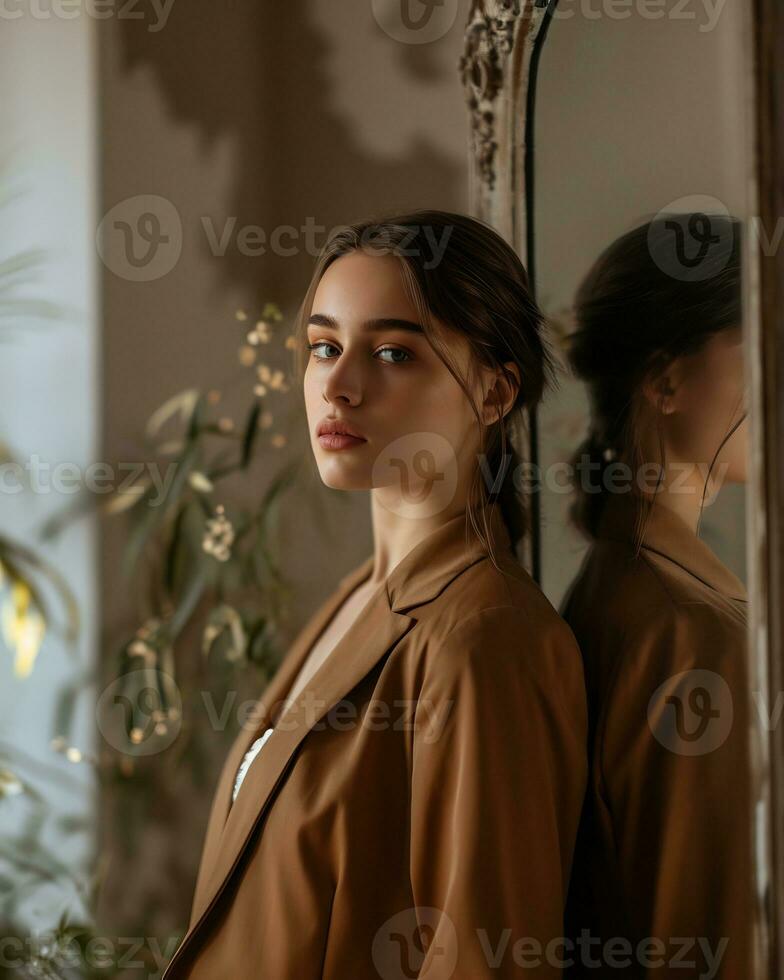 AI generated A confident girl in modern chic attire in front of a mirror photo