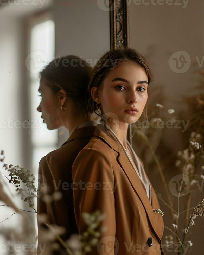 AI generated A confident girl in modern chic attire in front of a mirror photo