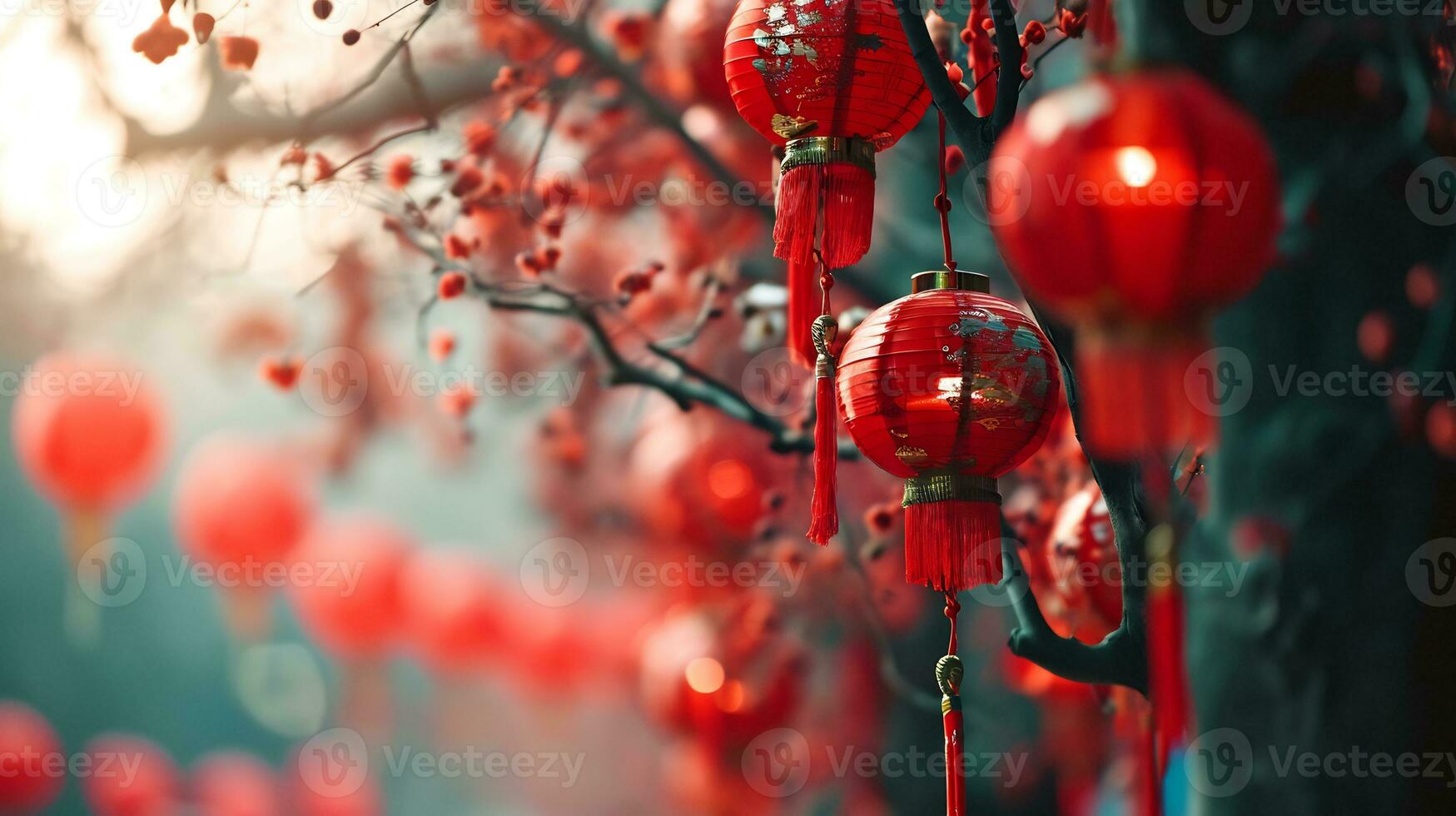 AI generated lunar new year background with hanging red latern photo