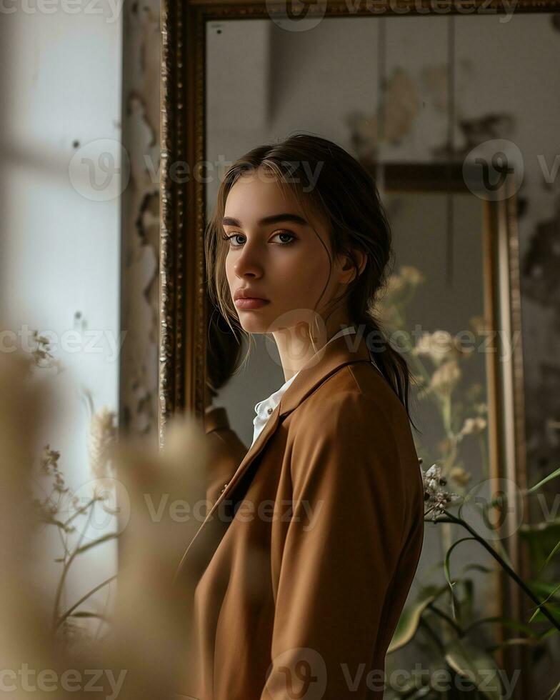 AI generated A confident girl in modern chic attire in front of a mirror photo