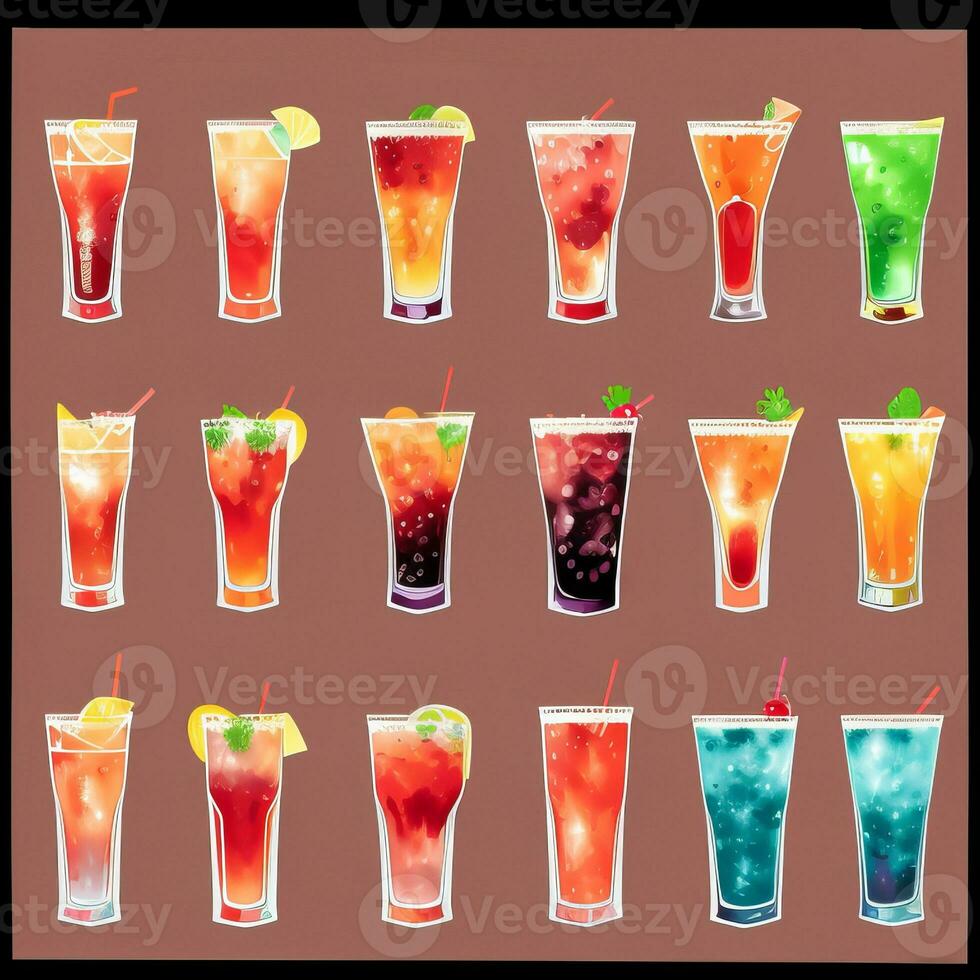 AI generated Cocktail Mocktail Drinks Collection Illustration Water Color Simple Background photo