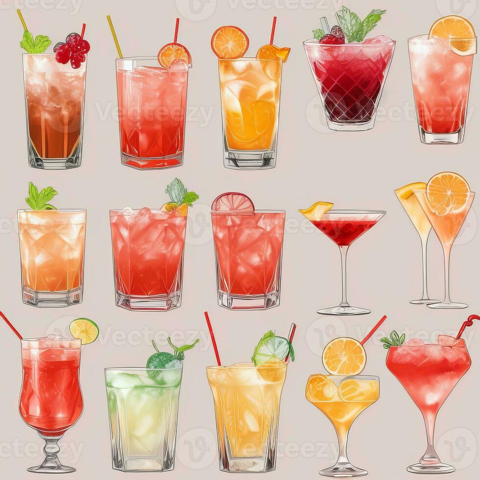AI generated Cocktail Mocktail Drinks Collection Illustration Water Color Simple Background photo