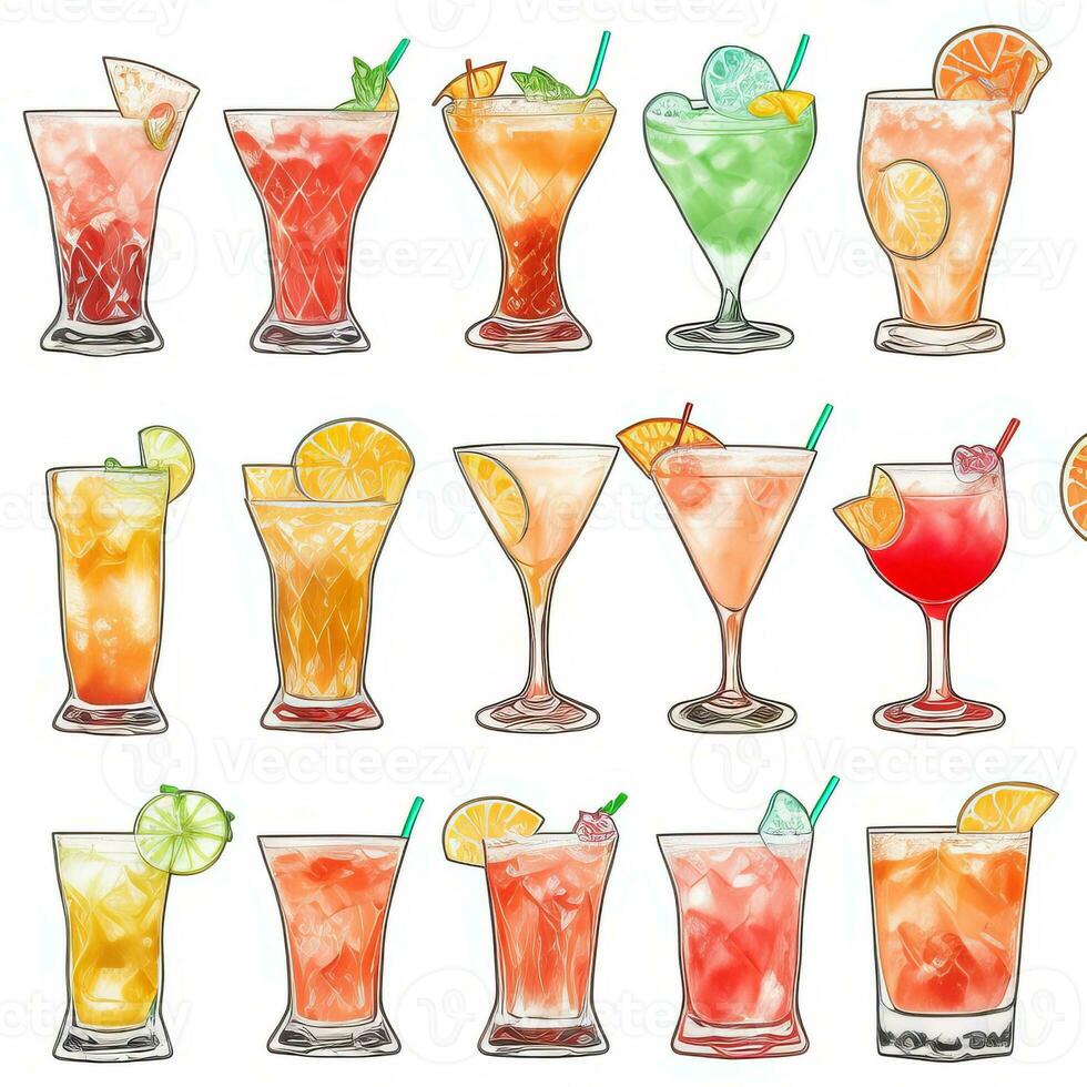 AI generated Cocktail Mocktail Drinks Collection Illustration Water Color Simple Background photo