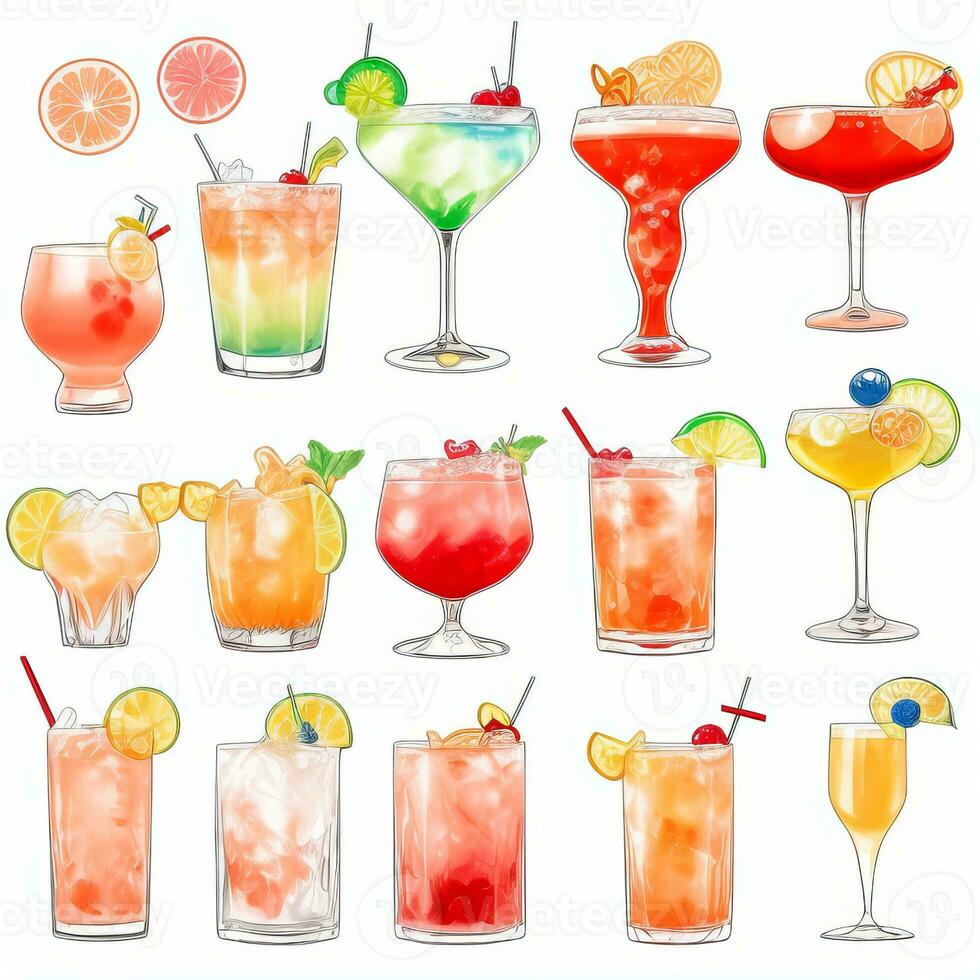 AI generated Cocktail Mocktail Drinks Collection Illustration Water Color Simple Background photo