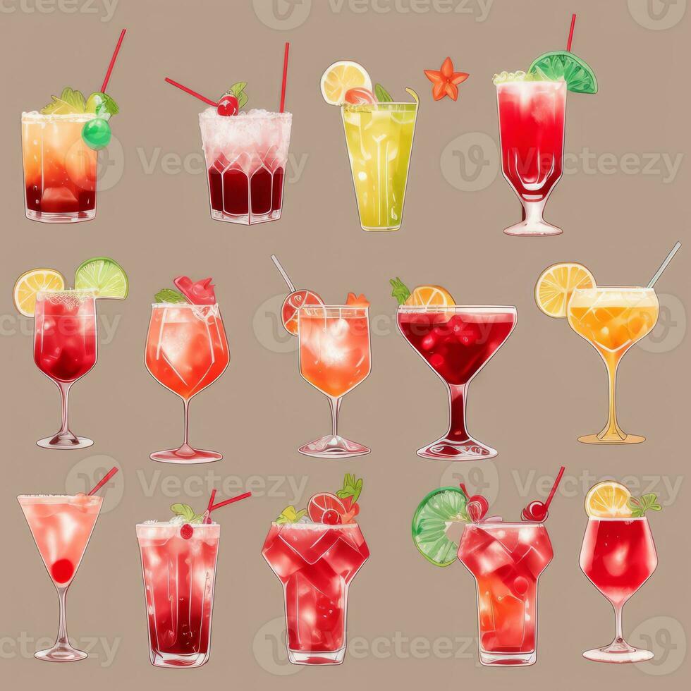 AI generated Cocktail Mocktail Drinks Collection Illustration Water Color Simple Background photo