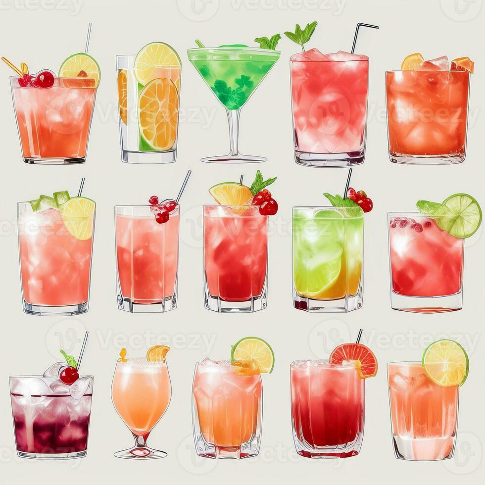 AI generated Cocktail Mocktail Drinks Collection Illustration Water Color Simple Background photo