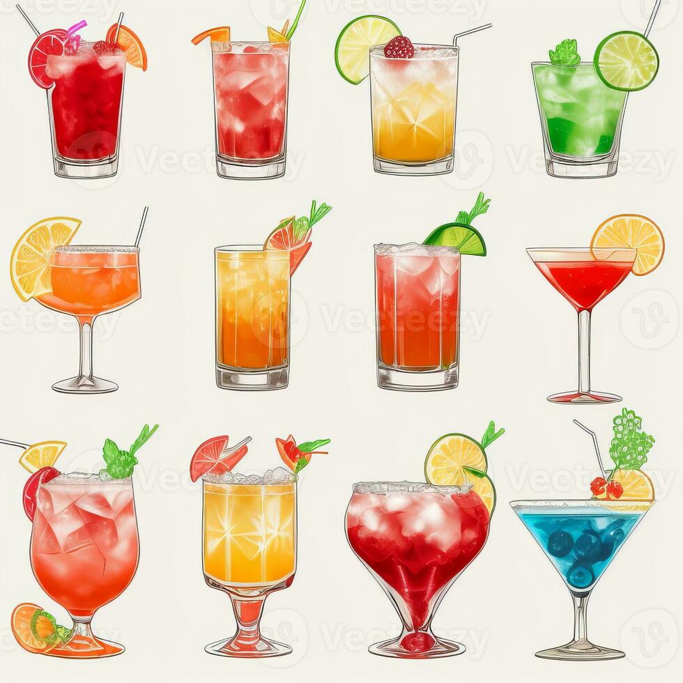 AI generated Cocktail Mocktail Drinks Collection Illustration Water Color Simple Background photo