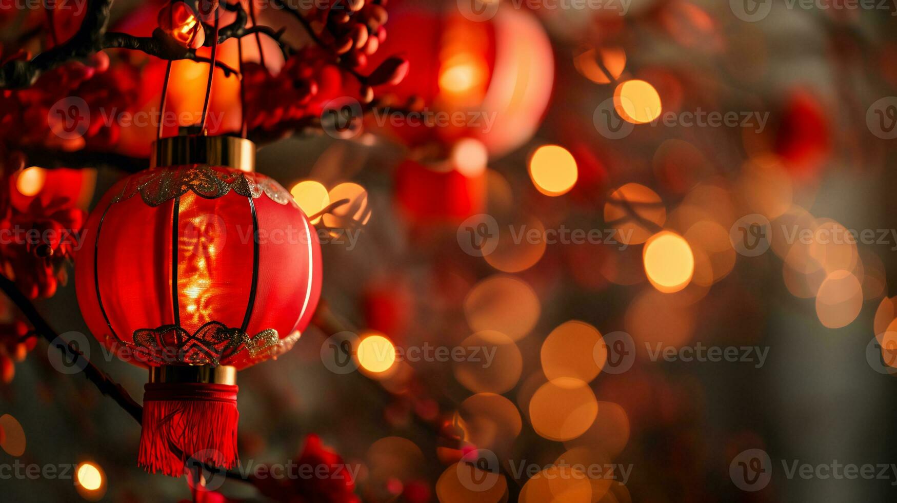 AI generated lunar new year background with hanging red latern photo