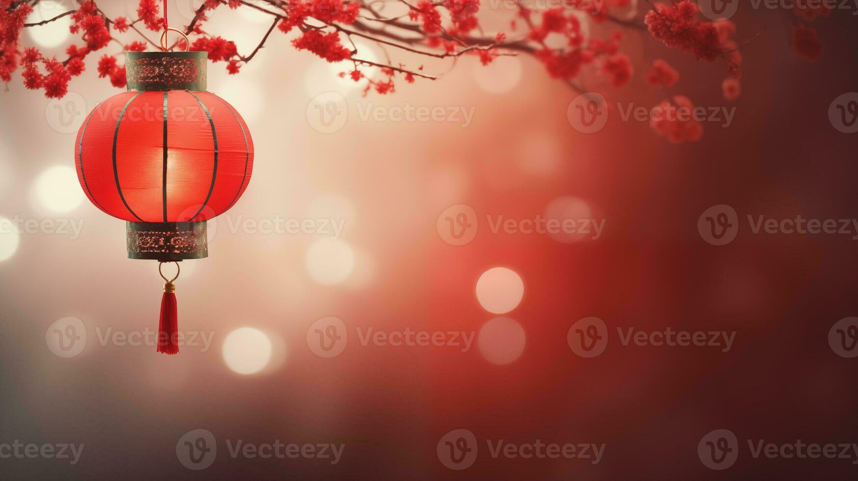 AI generated lunar new year background with hanging red latern photo