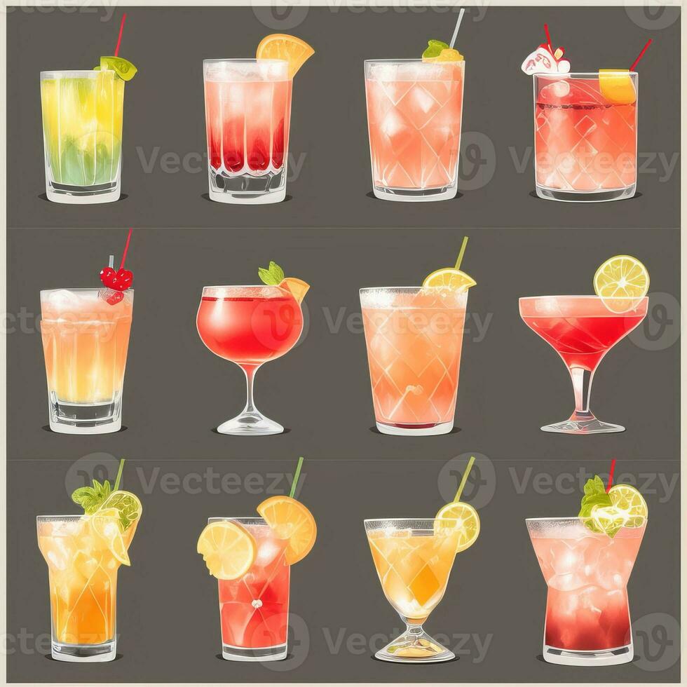 AI generated Cocktail Mocktail Drinks Collection Illustration Water Color Simple Background photo