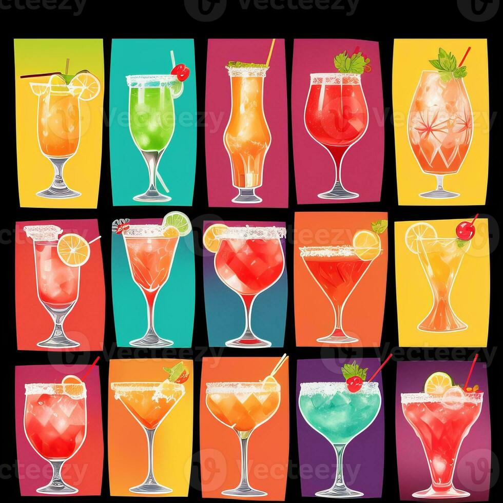 AI generated Cocktail Mocktail Drinks Collection Illustration Water Color Simple Background photo