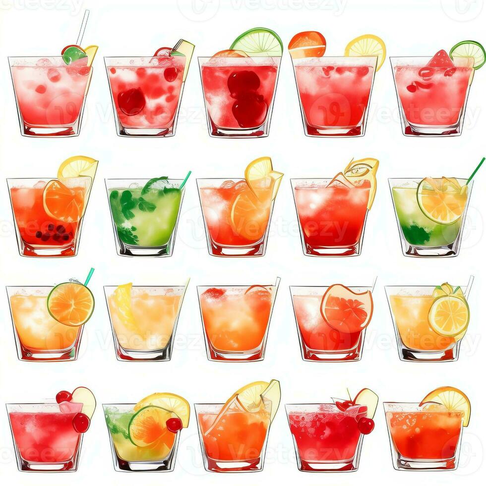 AI generated Cocktail Mocktail Drinks Collection Illustration Water Color Simple Background photo