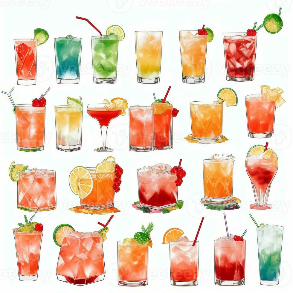 AI generated Cocktail Mocktail Drinks Collection Illustration Water Color Simple Background photo
