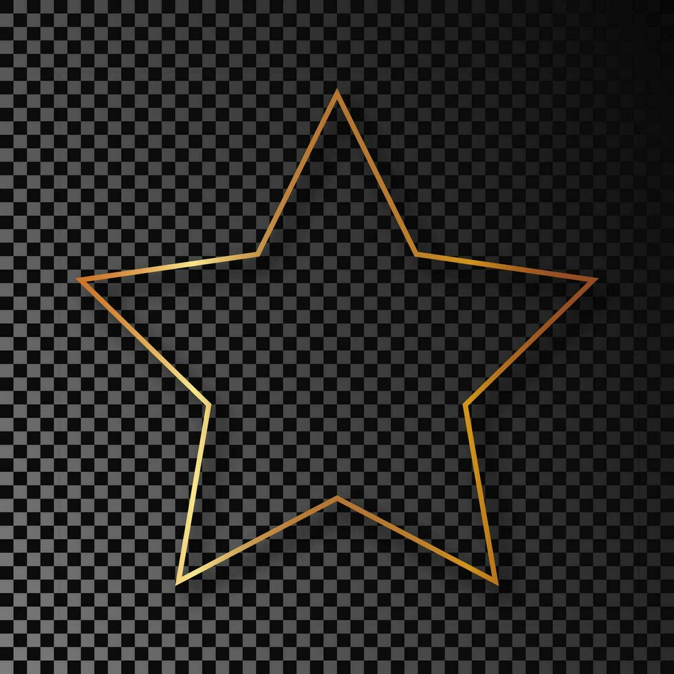 Gold glowing star shape frame with shadow isolated on dark background. Shiny frame with glowing effects. Vector illustration.