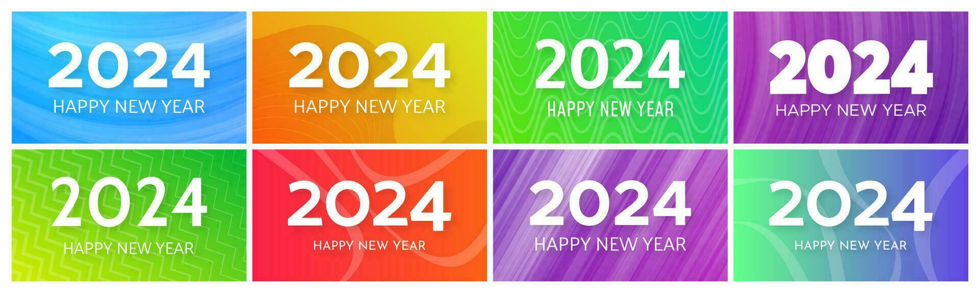2024 Happy New Year backgrounds.  Set of eight modern greeting banner templates with white 2024 New Year numbers on colorful abstract backgrounds with lines. Vector illustration