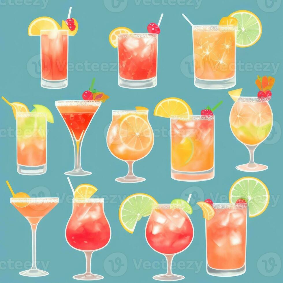 AI generated Cocktail Mocktail Drinks Collection Illustration Water Color Simple Background photo