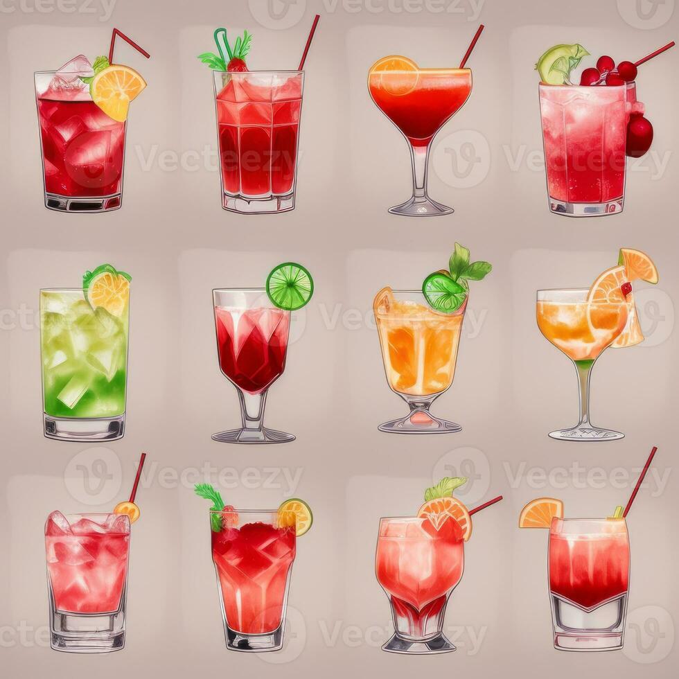 AI generated Cocktail Mocktail Drinks Collection Illustration Water Color Simple Background photo