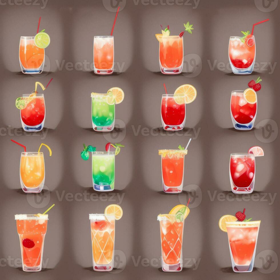 AI generated Cocktail Mocktail Drinks Collection Illustration Water Color Simple Background photo