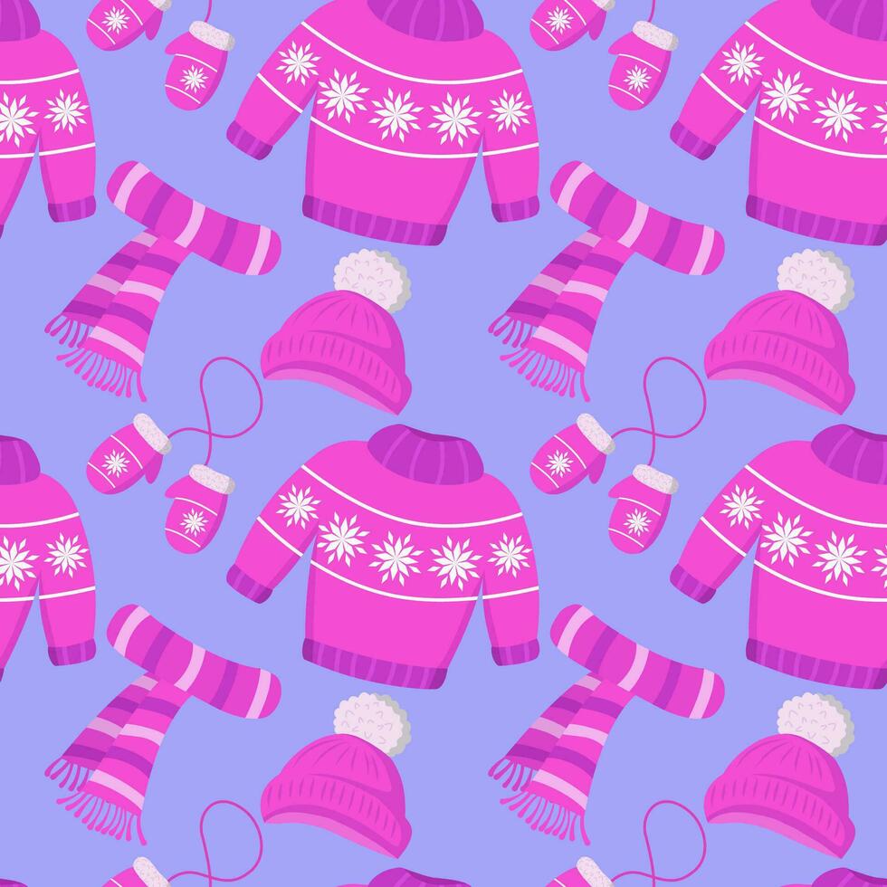 Vector pattern with winter clothes. Children's warm winter clothes for walking. Knitted hat, scarf, gloves with jacquard pattern and pom poms. Vector set of pink color.