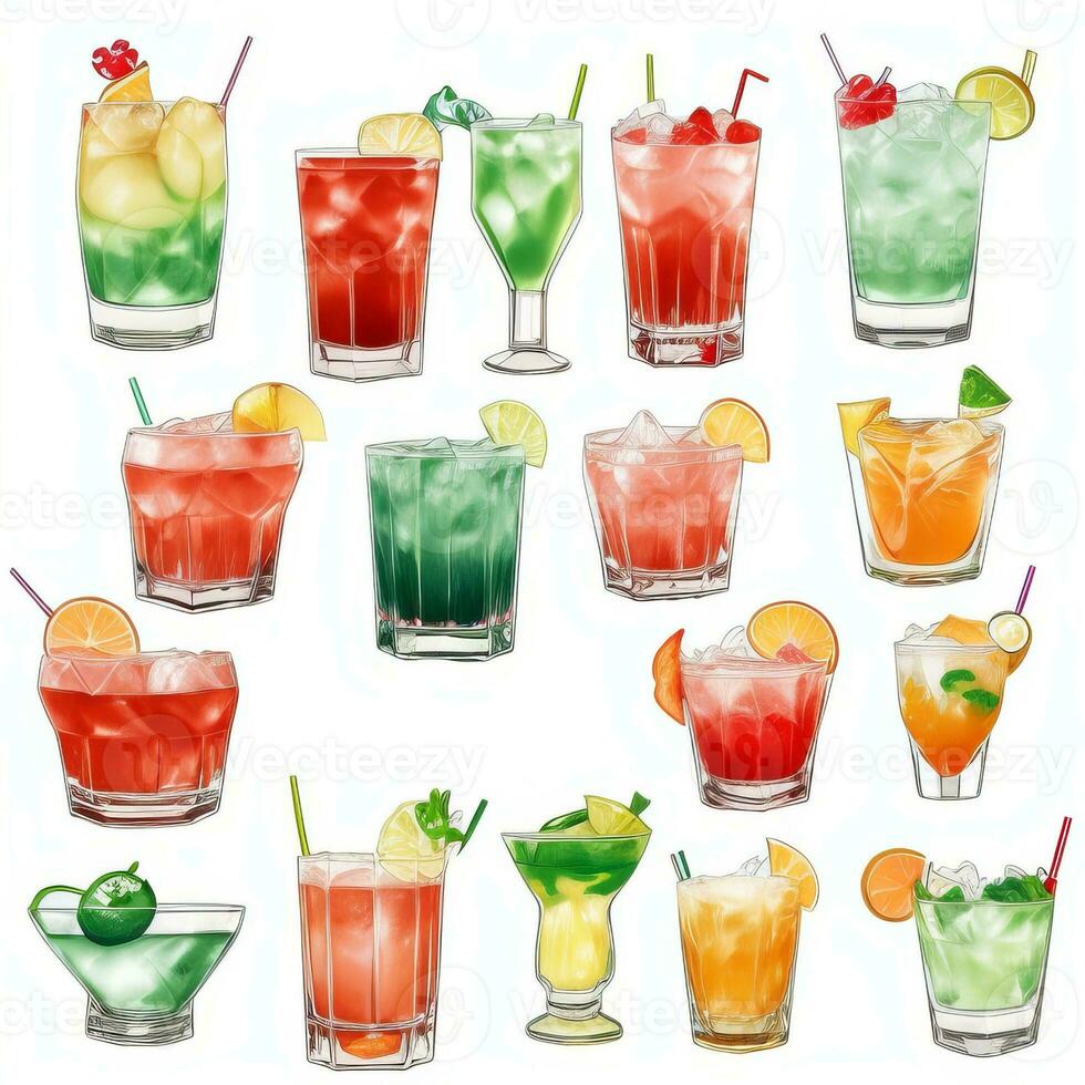 AI generated Cocktail Mocktail Drinks Collection Illustration Water Color Simple Background photo