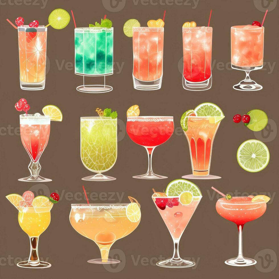 AI generated Cocktail Mocktail Drinks Collection Illustration Water Color Simple Background photo