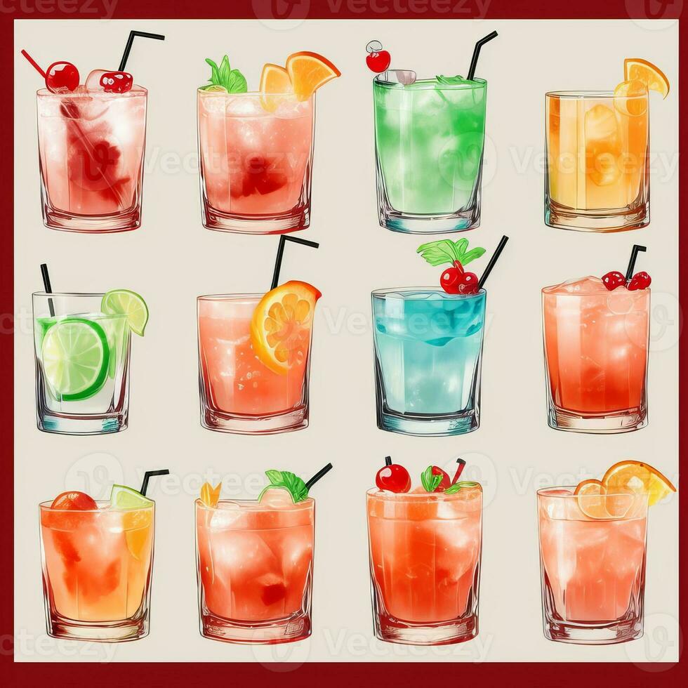 AI generated Cocktail Mocktail Drinks Collection Illustration Water Color Simple Background photo