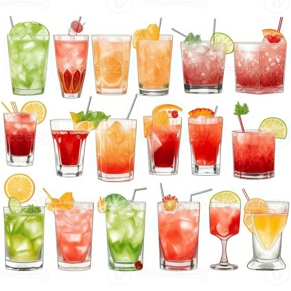 AI generated Cocktail Mocktail Drinks Collection Illustration Water Color Simple Background photo