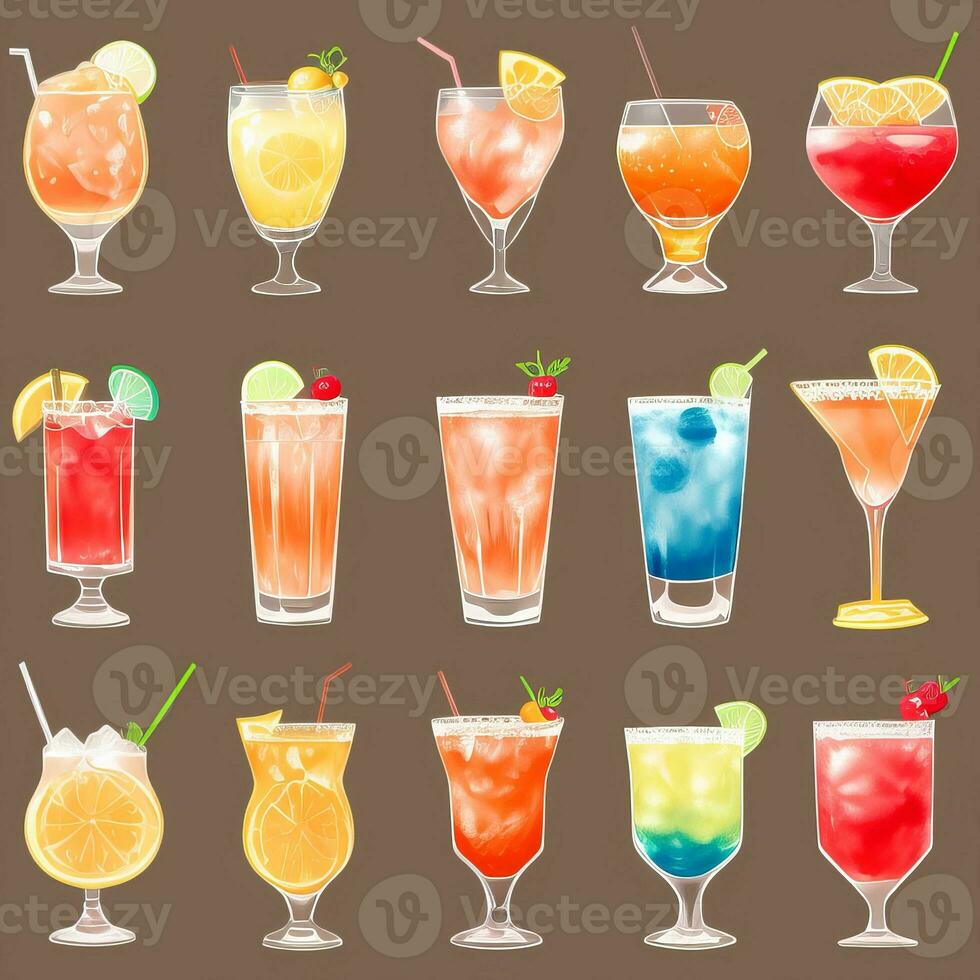 AI generated Cocktail Mocktail Drinks Collection Illustration Water Color Simple Background photo