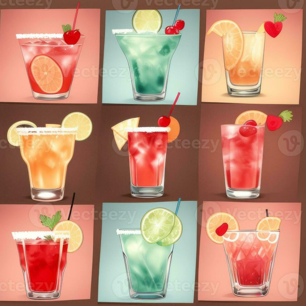 AI generated Cocktail Mocktail Drinks Collection Illustration Water Color Simple Background photo