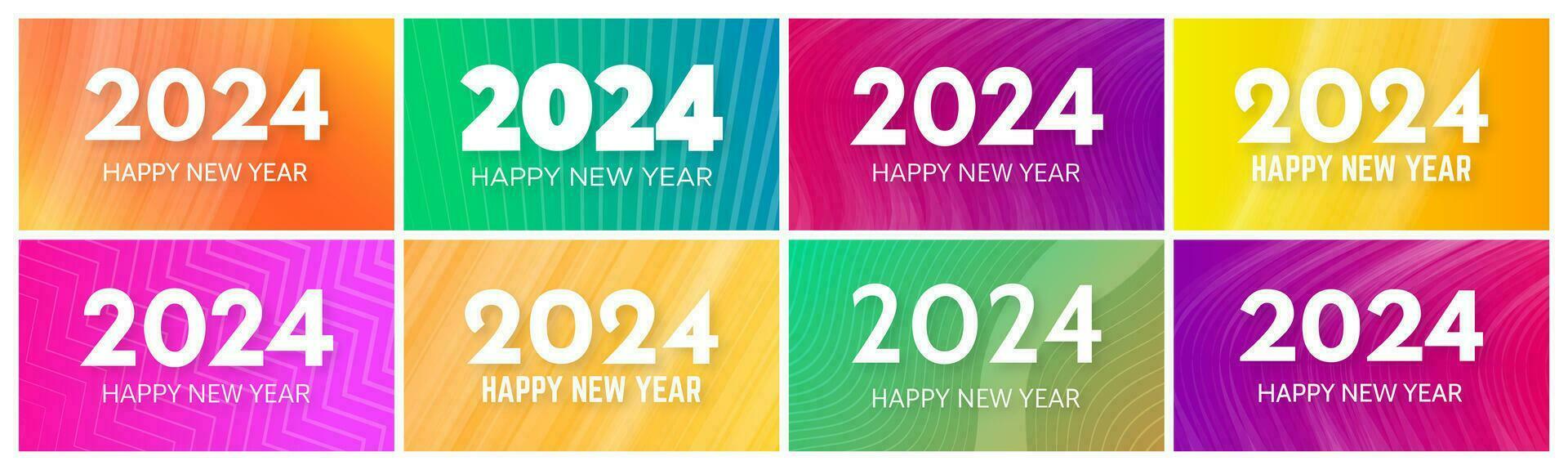 2024 Happy New Year backgrounds.  Set of eight modern greeting banner templates with white 2024 New Year numbers on colorful abstract backgrounds with lines. Vector illustration