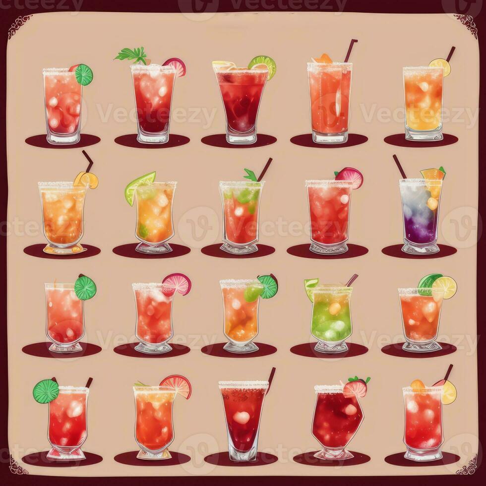 AI generated Cocktail Mocktail Drinks Collection Illustration Water Color Simple Background photo