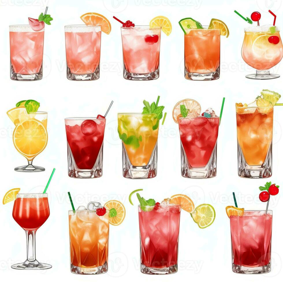 AI generated Cocktail Mocktail Drinks Collection Illustration Water Color Simple Background photo