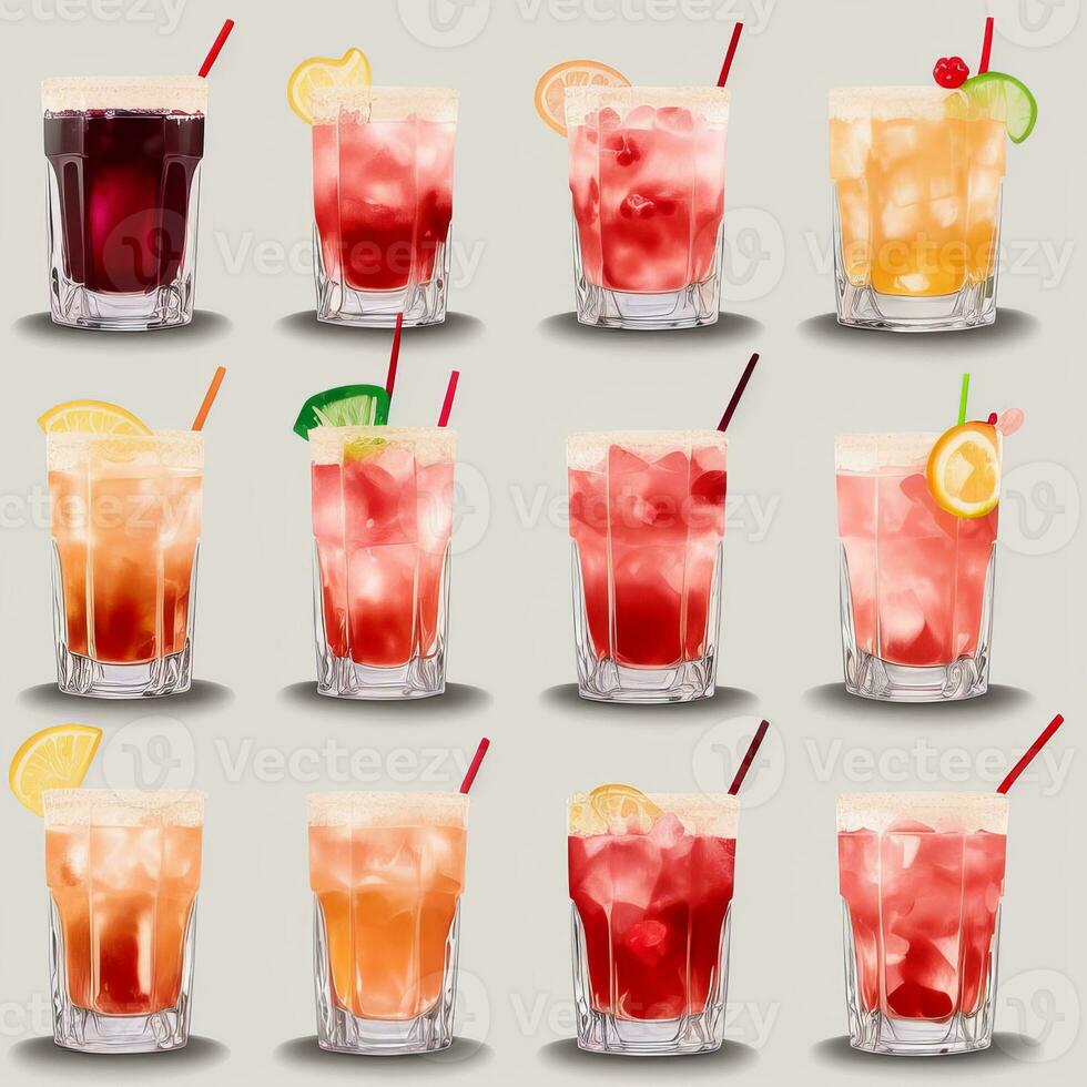 AI generated Cocktail Mocktail Drinks Collection Illustration Water Color Simple Background photo