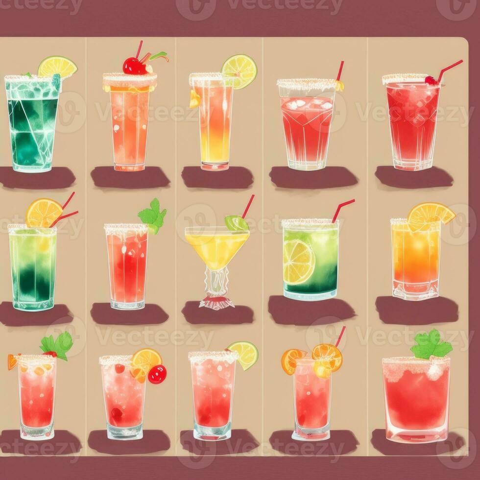 AI generated Cocktail Mocktail Drinks Collection Illustration Water Color Simple Background photo