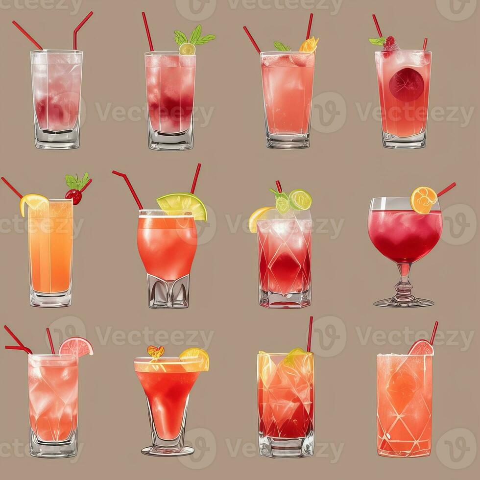 AI generated Cocktail Mocktail Drinks Collection Illustration Water Color Simple Background photo