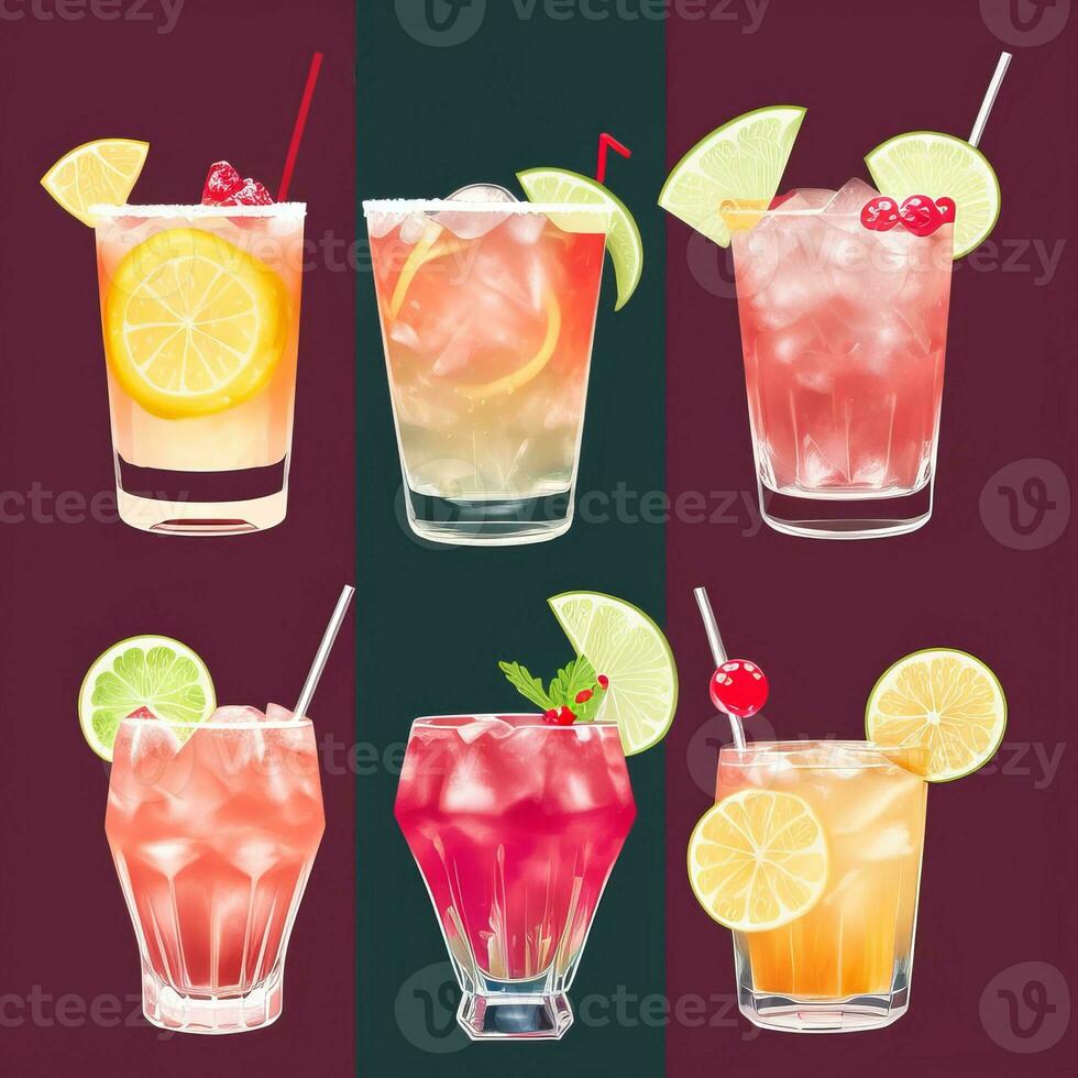 AI generated Cocktail Mocktail Drinks Collection Illustration Water Color Simple Background photo